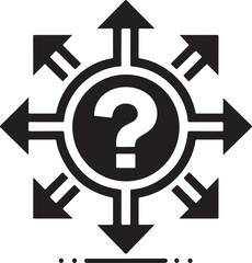 Icon, question mark, arrows pointing outward, black and white, minimalist design, geometric shapes, decision-making symbol, multiple choice concept, directional arrows, circular center, symmetrical.