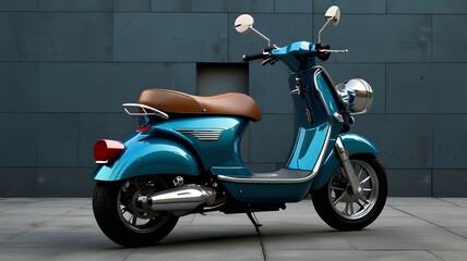 Stylish Blue Retro Scooter Parked Against Modern Wall. ideal for showcasing themes of mobility, style, and modern living.