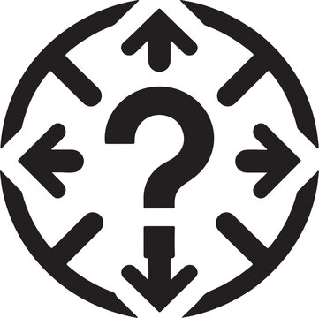 recommend clip art: Icon, question mark, arrows pointing outward, black and white, minimalist design, geometric shapes, decision-making symbol, multiple choice concept, directional arrows, circular center, symmetrical.