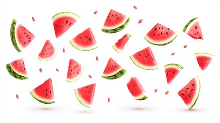 Watermelon Slices Floating on White Background Generative AI