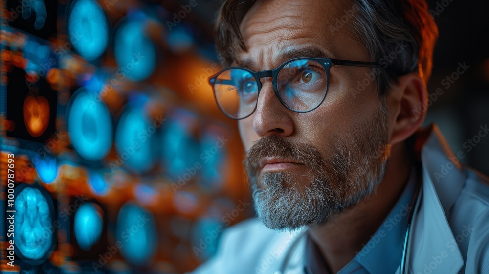 Poster A man with glasses is looking at a computer screen with a lot of images on it