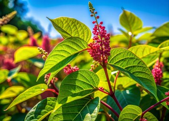 Fototapeta premium Asian Knotweed Plant Close-Up with Green Leaves and Stems in Natural Habitat on a Sunny Day