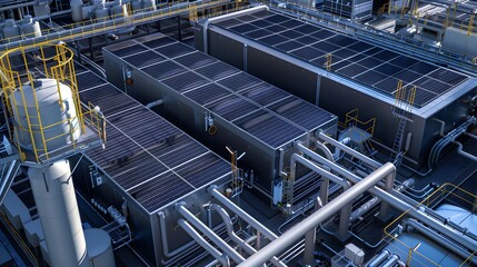Industrial Rooftop View of Cooling Towers