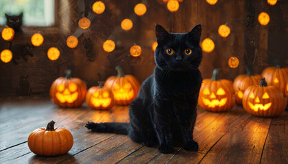 Chat Noir et Citrouilles d'Halloween Illuminées
