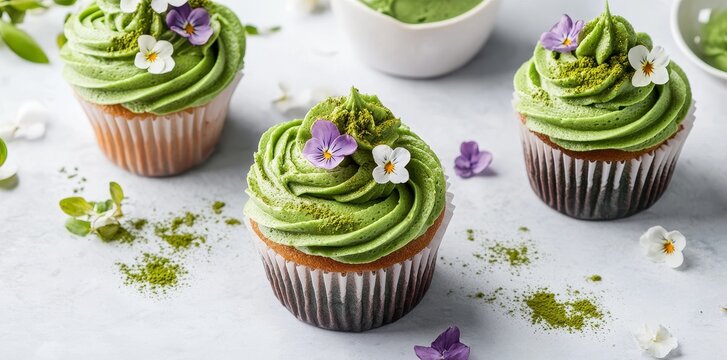 Delicious matcha cupcakes topped with green frosting and edible flowers, beautifully arranged against a light background.