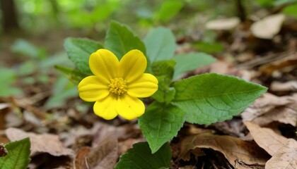  Bright yellow flower blooming amidst fallen leaves