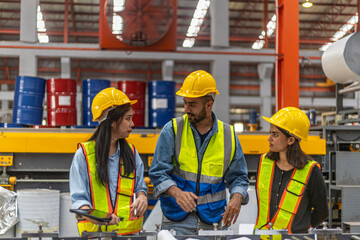 Mechanical engineer having a discussion with his trainees who are from different ethnicities and cultures over a production plan. Cooperation across cultures and races in a manufacturing system