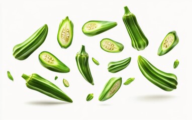 Fresh Green Okra Sliced and Whole Floating on White Background Generative AI