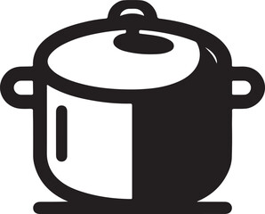 Minimalist cooking pot icon, black and white graphic, simple lines, stylized kitchenware symbol, geometric shapes, abstract cookware design, bold silhouette, clean vector illustration.