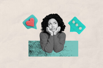Composite photo collage of dissatisfied american girl text box like notification message social...