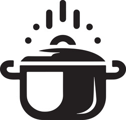 Minimalist cooking pot icon, black and white graphic, simple lines, stylized kitchenware symbol, geometric shapes, abstract cookware design, bold silhouette, clean vector illustration.