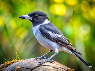 Obraz premium A striking butcher bird rests on a branch, displaying its brilliant plumage amidst a picturesque natural setting,