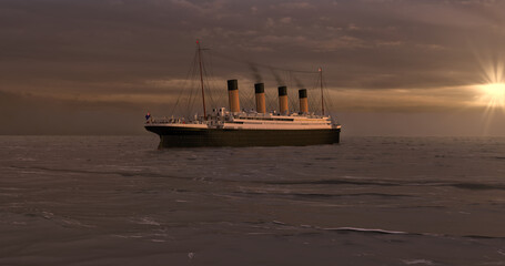 Fototapeta premium Titanic im Gegenlicht eines Sonnenuntergangs über dem Eismeer