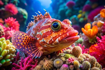 A striking California scorpionfish blends seamlessly with vivid coral, showcasing its vibrant hues amidst the
