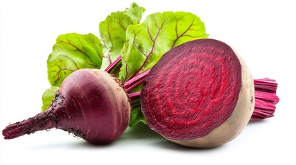 Whole and sliced red beets with leaves Generative AI