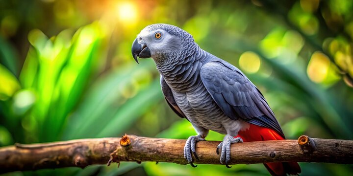 A stunning African Gray Timneh Parrot rests gracefully on a branch, surrounded by a vibrant, lush green natural