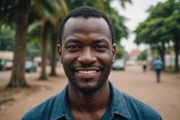 Fototapeta premium Close portrait of a smiling 40s Equatorial Guinean man looking at the camera, Equatorial Guinean outdoors blurred background