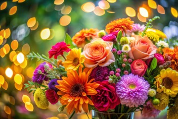 A stunning close-up showcases a vibrant floral arrangement, bursting with colorful blossoms, beautifully complemented