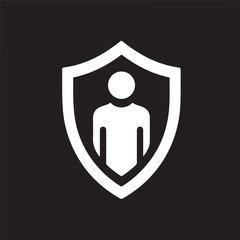 Shield icon, human silhouette, protection symbol, minimalist design, black and white, security emblem, personal safety, identity safeguard, privacy concept, simplified graphic, bold lines.