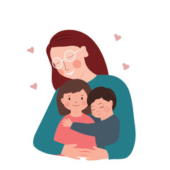 Young smiling woman teacher character and smiling children pupils vector illustration