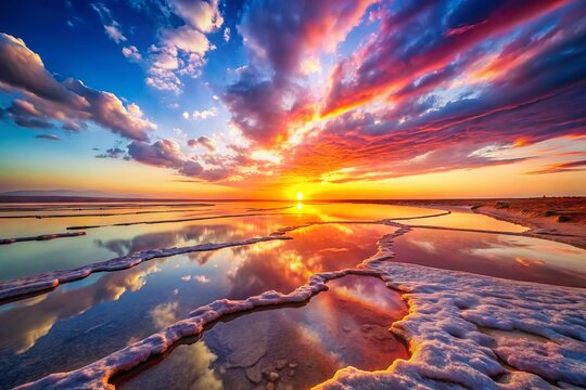 A stunning sunset bathes the Chott El Djerid salt flats in Tunisia, showcasing vibrant colors and intricate textures