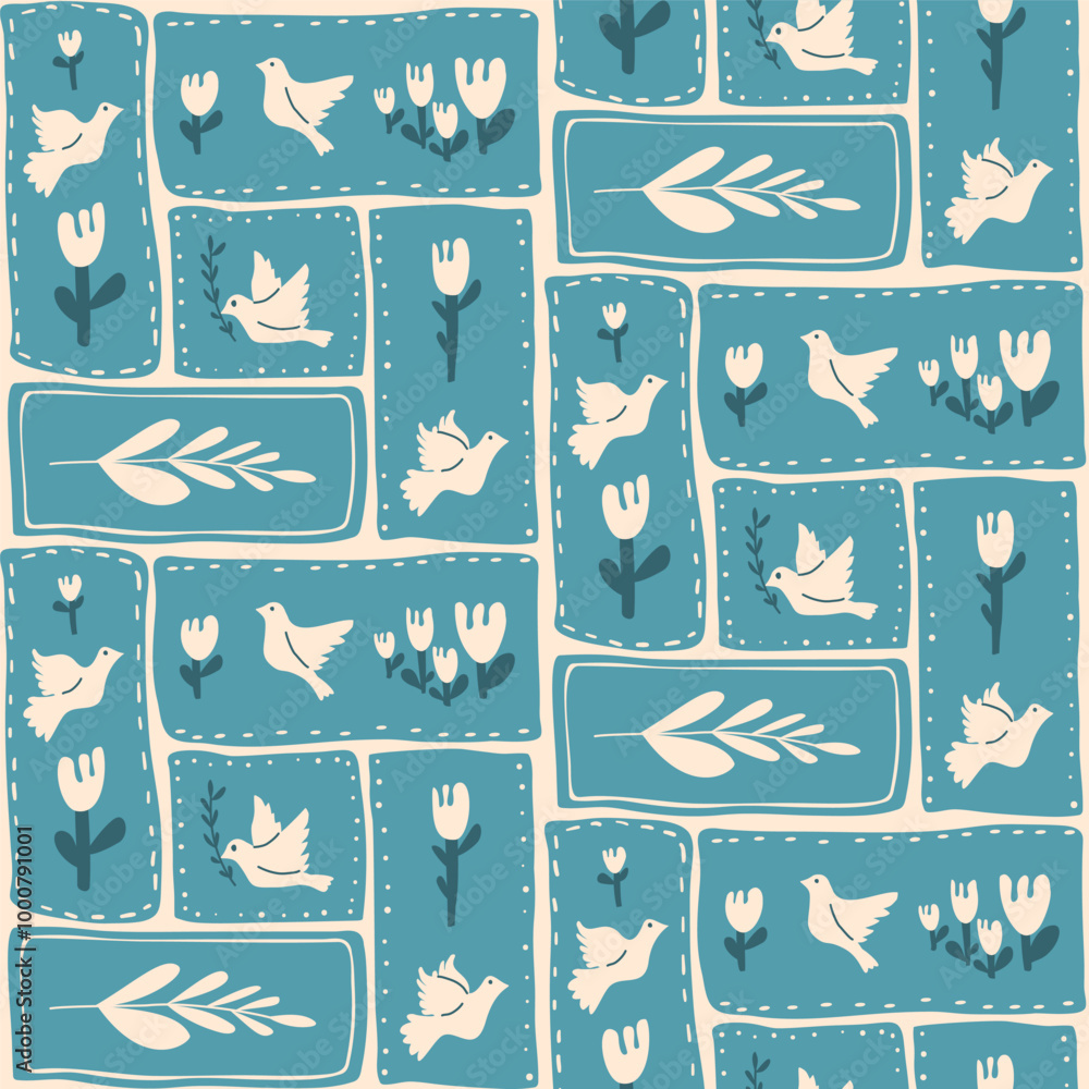 Aufkleber geometric pattern with white doves, flowers, and botanical elements in rectangular shapes on a blue 