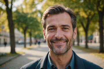 Close portrait of a smiling 40s French man looking at the camera, French outdoors blurred background