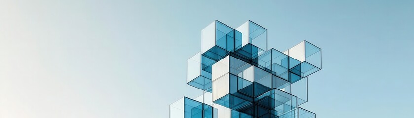 Contemporary geometric glass structure against clear sky.