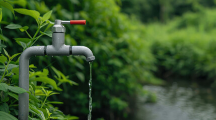 Garden faucet with red handle and water dripping