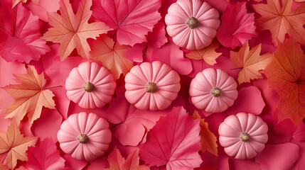 Obraz premium Pink pumpkins with vibrant red leaves.
