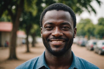 Fototapeta premium Close portrait of a smiling 40s Ghanaian man looking at the camera, Ghanaian outdoors blurred background