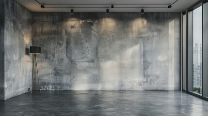 A large empty wall in an office with concrete walls of grey color