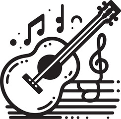 acoustic guitar, musical notes, black and white icon, simple line drawing, minimalist design, musical instrument illustration, vector graphic, music symbol, guitar outline, melodic representation.