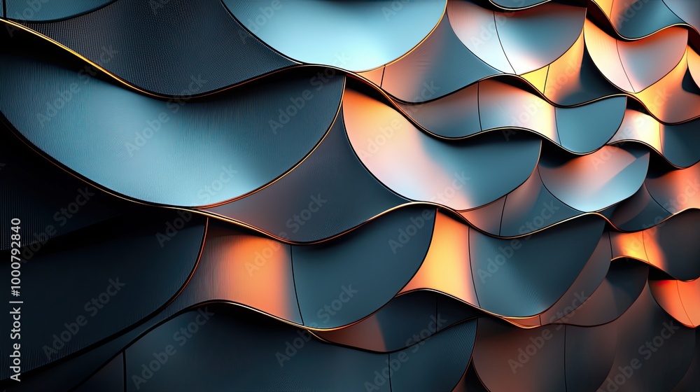 Poster the image is a close up of a wall with a wave pattern. the waves are made of metal and are illuminat