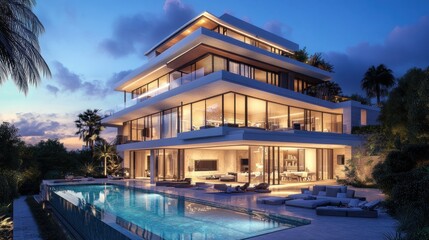 Fototapeta premium Modern luxury villa with a pool at sunset, showcasing contemporary architecture.