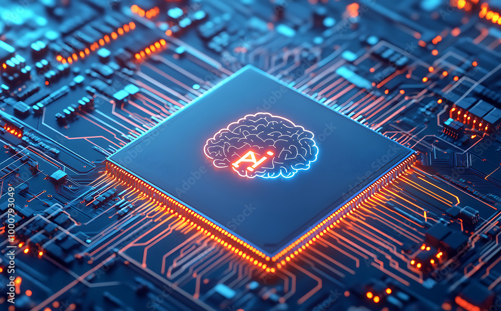 Poster a vibrant microchip design features a glowing brain graphic, symbolizing the intersection of technol
