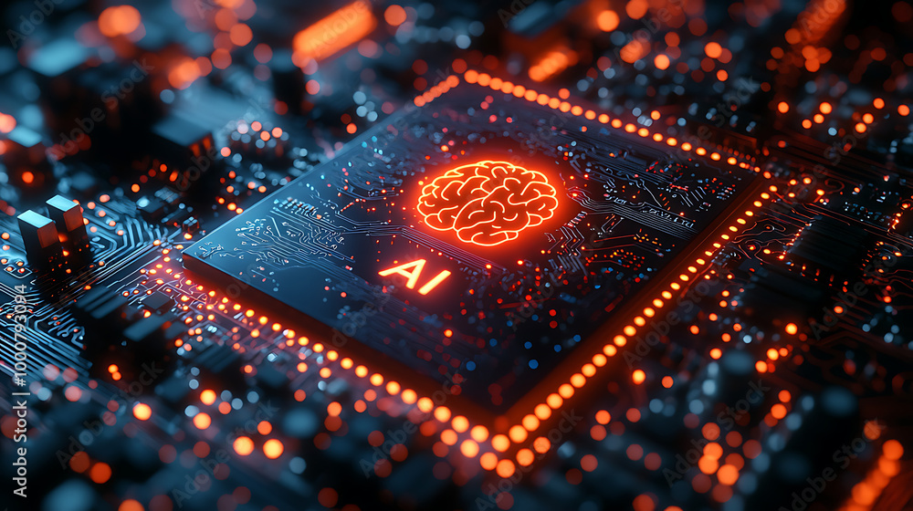 Poster a close-up view of a microchip with a glowing brain design, emphasizing artificial intelligence (ai)