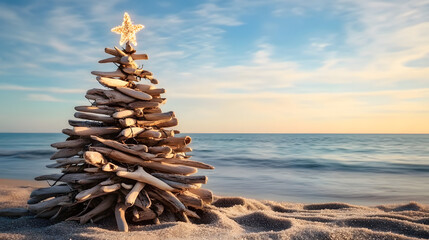 Driftwood christmas tree on the beach with copy space