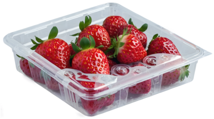 Closeup of organic strawberries in plastic packaging box, super foods, healthy fruit isolated on transparent background