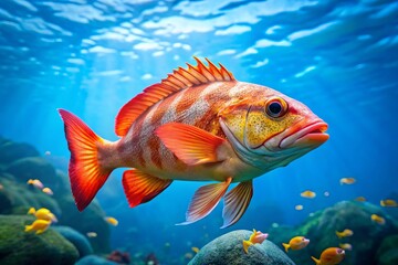 Naklejka premium A vibrant Pacific ocean perch glides gracefully through the clear blue waters, showcasing its beauty in the serene