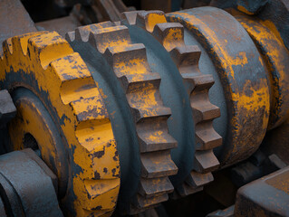 Close-Up of Industrial Machine Gears with Rust and Yellow Paint