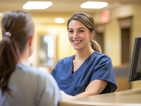 Nurse at Reception Desk in Healthcare Setting