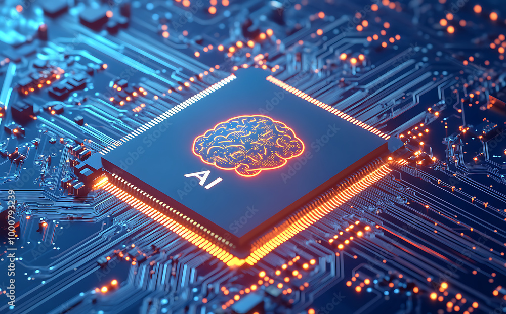 Poster a close-up of a microchip featuring a glowing brain symbol, representing artificial intelligence wit