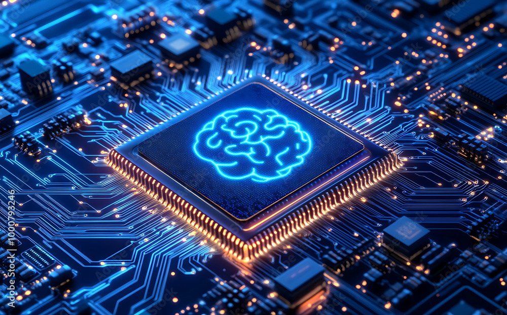 Poster a glowing blue brain symbol is depicted on a microchip, surrounded by intricate circuitry, represent