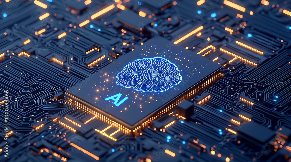 Poster a glowing microchip with a brain graphic represents artificial intelligence, set against a detailed 
