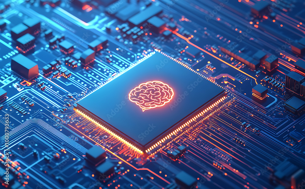 Poster a futuristic microchip design with a glowing brain symbol, integrated into a complex circuit board, 
