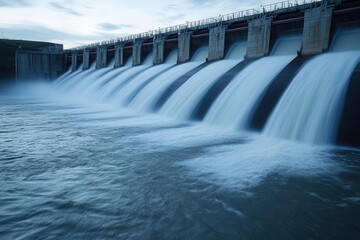 Dam on river, flowing water, serene landscape, blue tones
