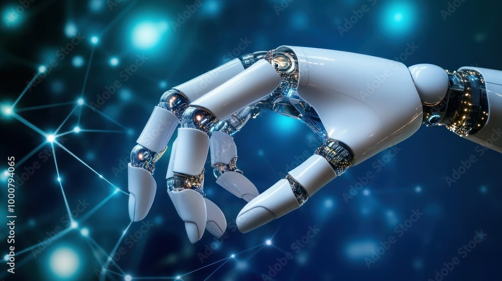 Poster robotic hand reaching towards digital network