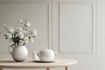 Decorative vase with white flowers and teapot on a table.