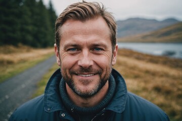 Close portrait of a smiling 40s Icelander man looking at the camera, Icelander outdoors blurred background